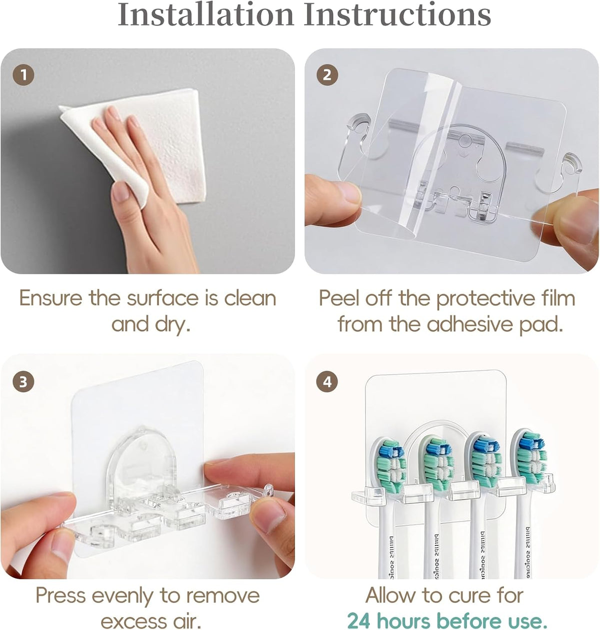 Adhesive Toothbrush Holders 2 Pack,4 Slots for Family, Clear