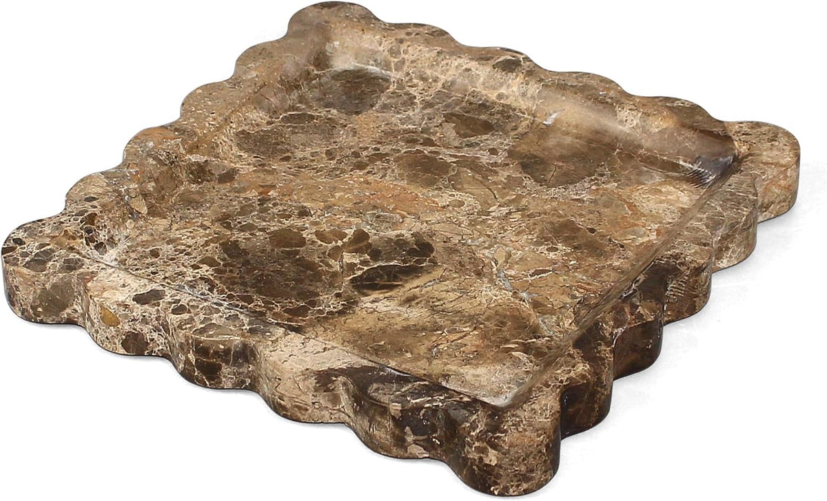 YMXYJM Brown Marble Tray, Scalloped Coffee Table Tray Decor, 8" Square Tray