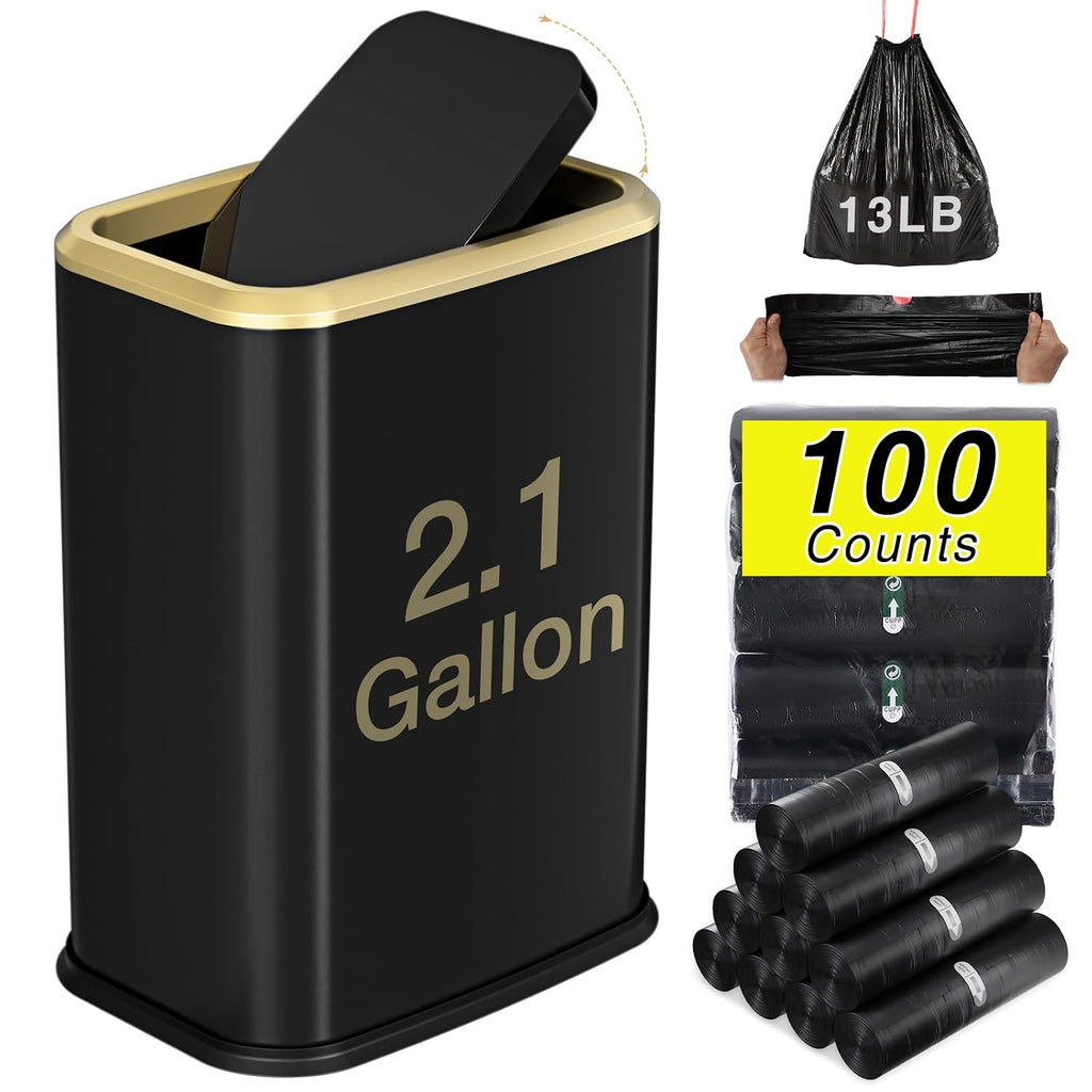 Bathroom Trash Can with Lid 8L/2.1 Gallon Black Trash Can Small Garbage Can with Swing Top Lid Slim Stainless Steel Garbage Can with 100 Counts Trash Bags for Bathroom Bedroom Kitchen Office Toilet