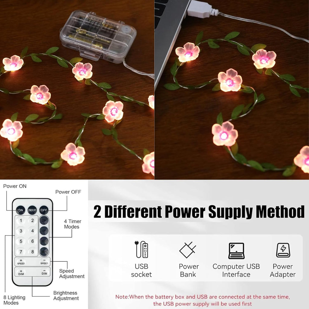 2PK Cherry Blossom Vine Lights 13ft 40 LED Fairy Lights with Remote & Timer