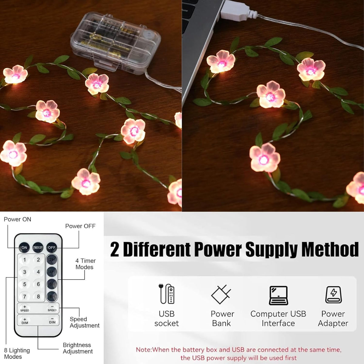 2PK Cherry Blossom Vine Lights 13ft 40 LED Fairy Lights with Remote & Timer