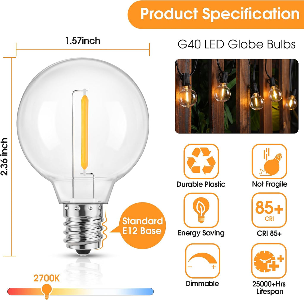 Mlambert 75 Pack G40 LED Replacement String Light Bulbs, E12 Base, 1W,2700K