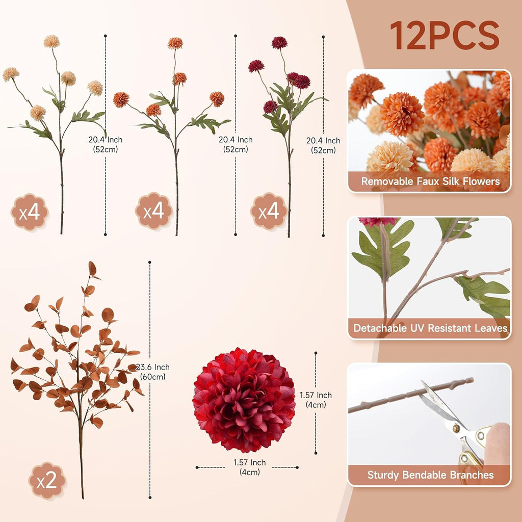 Real-Touch Faux Silk Mums Bouquet, 12 Pcs with 2 Eucalyptus Stems, Bendable Long Stems, Full & Realistic Artificial Flower Arrangement for Vase Table Wedding & Wreath Décor, Mixed Orange