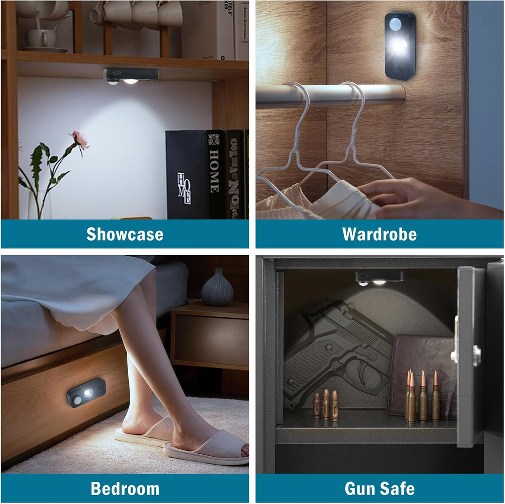 Black Motion Sensor Night Light, Wireless Rechargeable Puck Lights for Cabinet, Dimmable Stick on LED Closet Lights, Daylight White Motion Sensor Light Indoor (4 Pack)