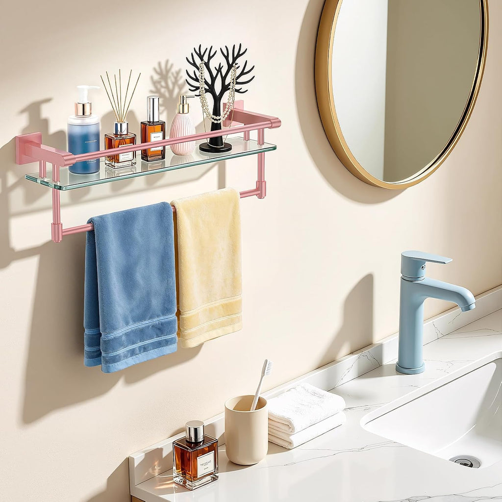 Bathroom Glass Shelf Towel Rack Shelf Glass Organizer Wall-Mounted Bathroom Storage SUS304 Stainless Steel Towel bar/Track Wall-Mounted Tempered Glass Stainless Steel Shelf (Pink, 20‘’ with Railing)