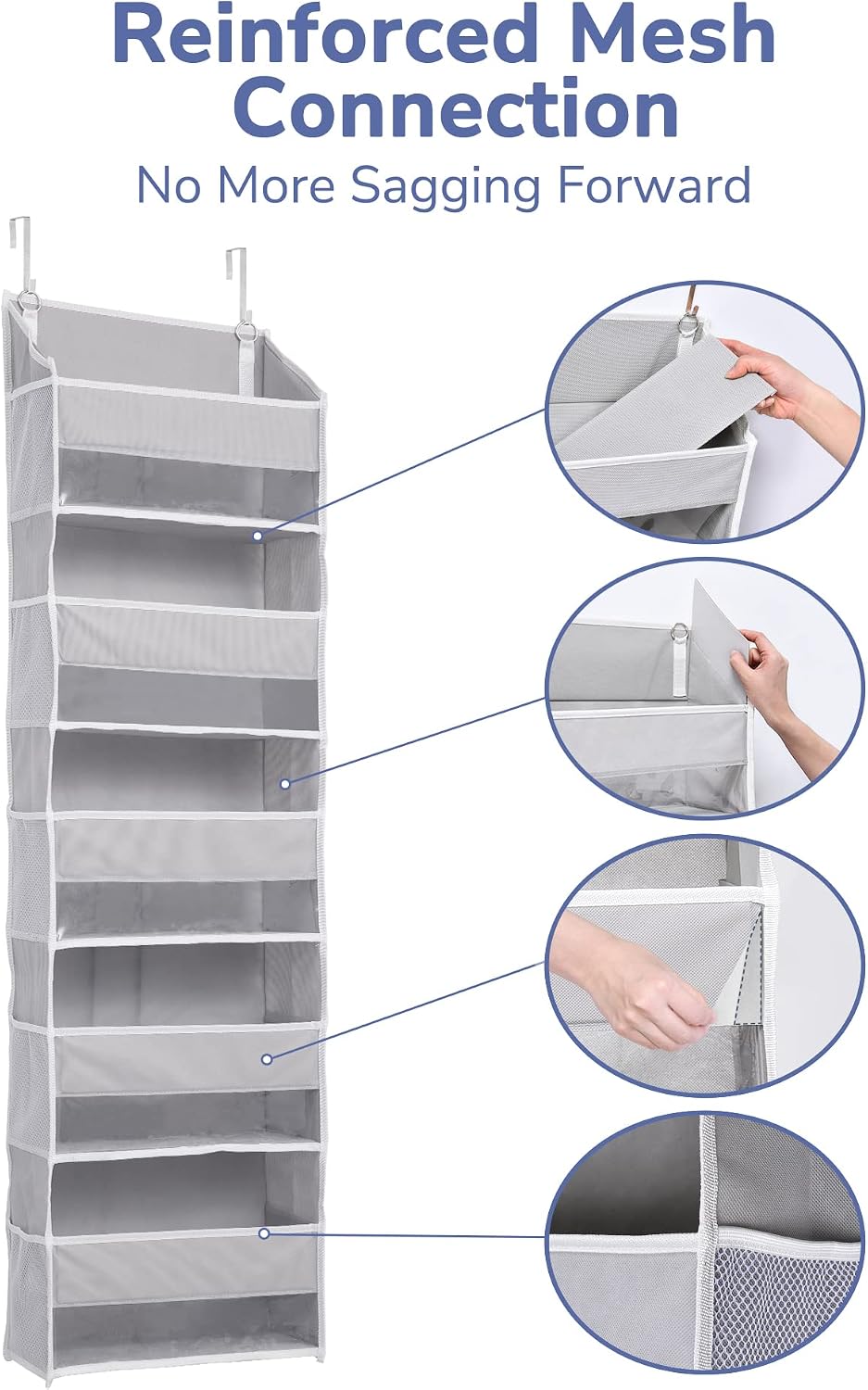 ULG 1 Pack Over Door Organizer with 5 Large Pockets 10 Mesh Side Pockets, 44 lbs Weight Capacity Hanging Storage Organizer with Clear Window for Kids Toys, Shoes, Diapers, Grey, 5 Layer