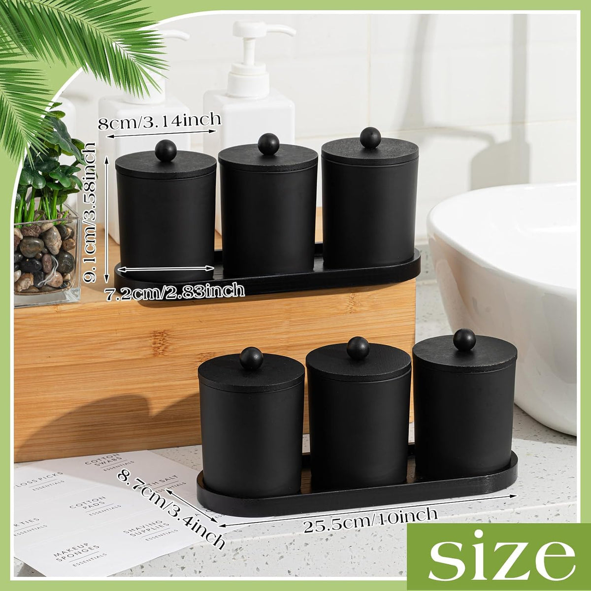 Chengu 6 Pack Cotton Swab Holder with Bamboo Lids and Trays and Labels Glass Round Swab Dispenser Cotton Ball Holder Glass Apothecary Jars Floss Pick Containers Bathroom Organizers(Black)