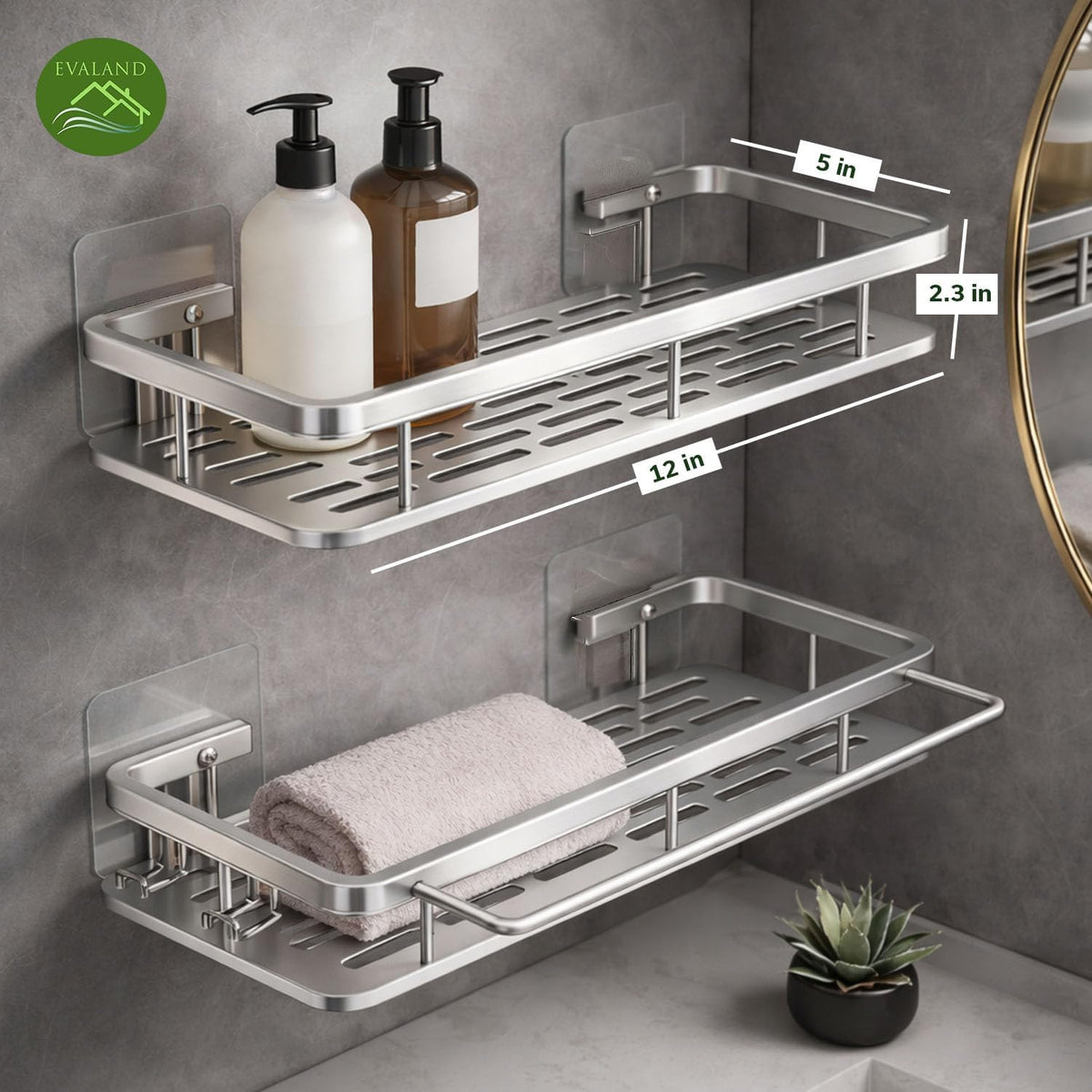 EVALAND Self Adhesive Shower Caddy Organizer 2-Pack No-Drill Storage