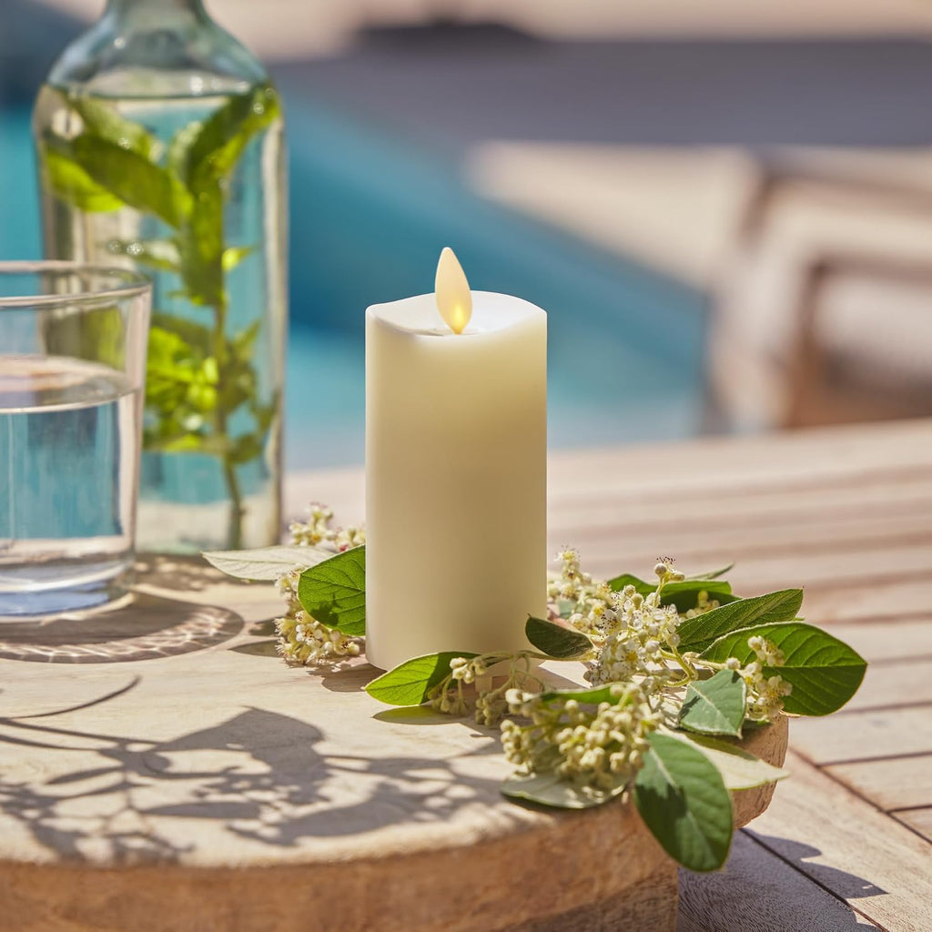 Luminara Outdoor Slim Pillar Flameless LED Candle, Ivory 2" x 4.5", Moving Flame Weather Resistant Timer Ready Battery Operated Safe Melted Edge