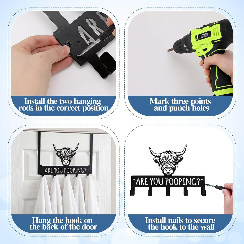 Kathfly Classic Highland Cow Over Door Towel Rack 5 Hooks Black