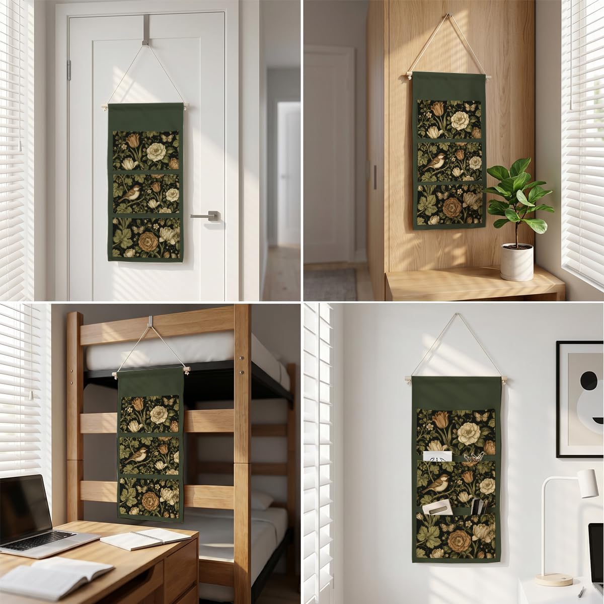 IAXIC Dark Tone Bird Tulip Floral Canvas Wall Hanging Organizer with Pocket