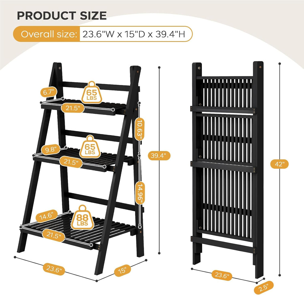39.4" Foldable Ladder Shelf Plant Shelf, 3 Tier Bamboo Ladder Bookshelf
