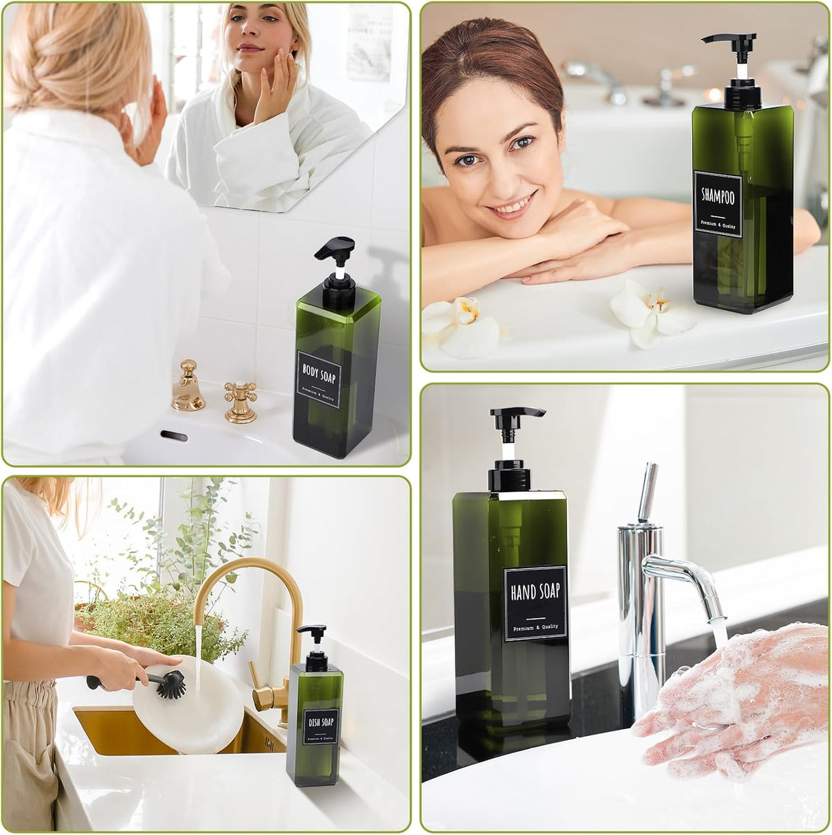 Segbeauty 33.8oz Square Shampoo and Conditioner Dispenser, 3pcs Large Capacity Plastic Soap Dispenser Bathroom, Green 1000ml Empty Lotion Pump Bottle Soap Hand Wash Bottles with Waterproof Labels