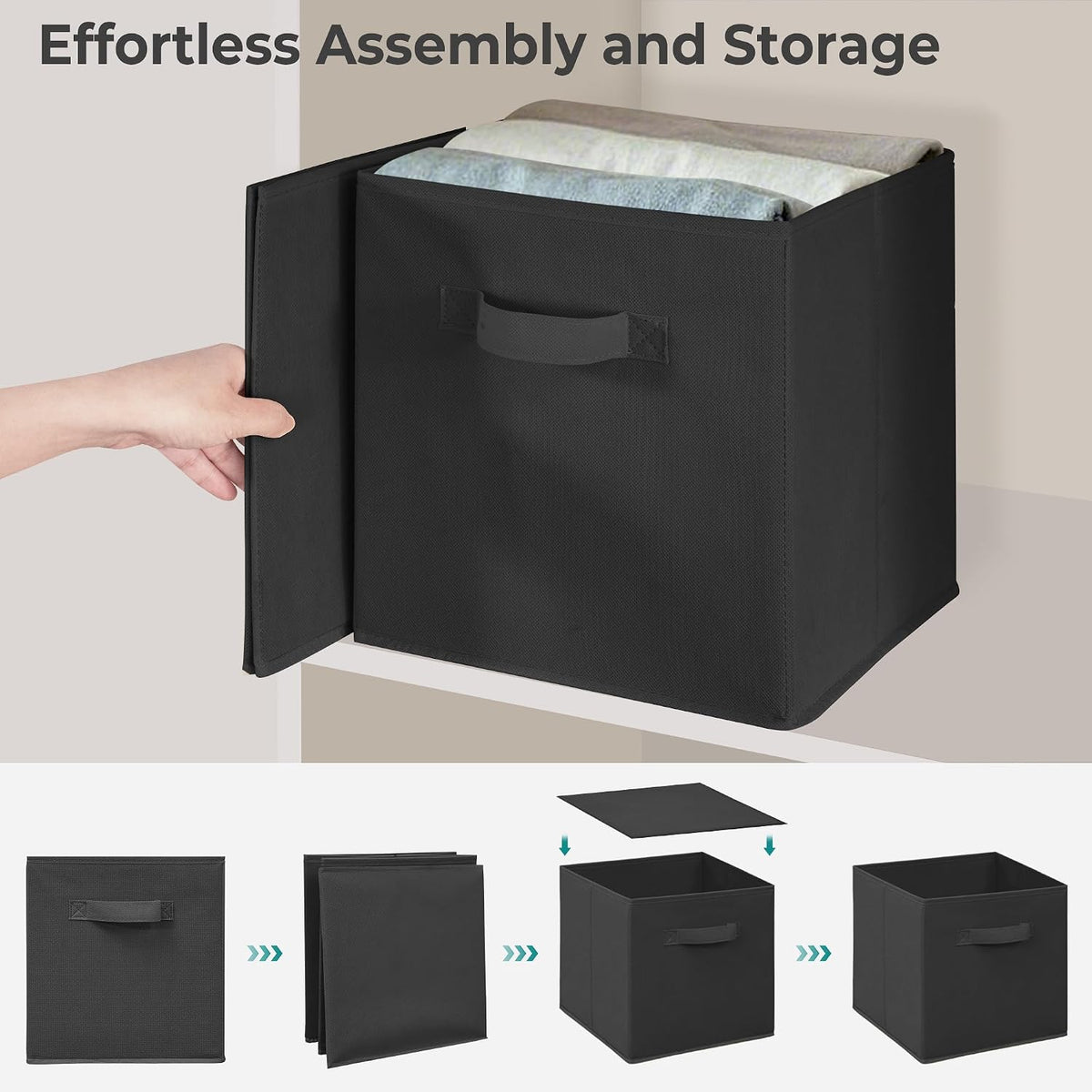 Easi Storage Cubes, 11 Inch Fabric Storage Bins, Set of 6, Foldable Collapsible Cube Organizer with Handles, Closet Shelves Office Nursery Storage, Cubby Storage Bins for Toys Clothes Books, Black