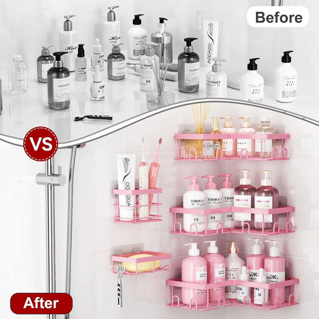 Liuoud Corner Shower Caddy, 5 Pack Adhesive Stainless Steel Organizer, Pink