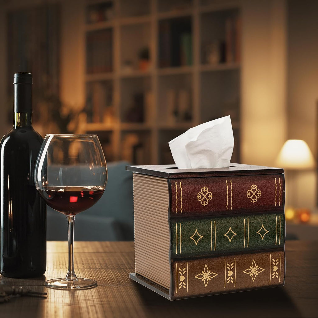 Classical Retro Square Wooden Antique Book Tissue Box Cover Home Decor