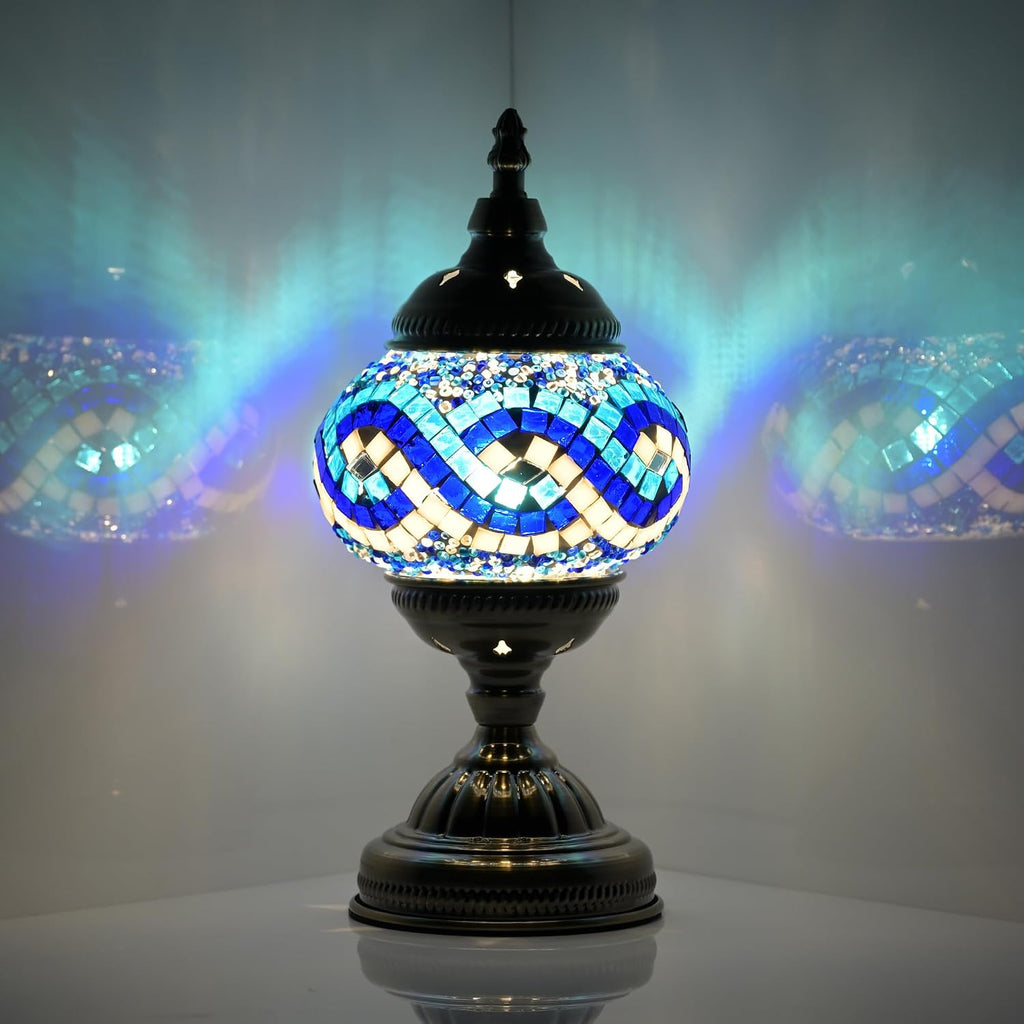 GOGERS Turkish Moroccan Table Lamp Lantern with Handmade Mosaic Glass Lampshade Tiffany Style Bohemian Stained Glass Decorative Desk Lamps Bedside Night Lights for Bedroom (White Multiple Blues)