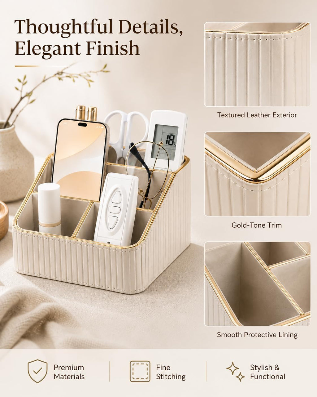 KINGFOM PU Leather Remote Control Holder, 4 Compartment Nightstand Organizer with Gold Trim, Small Desk Organizer for Office Supplies, Phone, Glasses, Pens, Bedside Table, Living Room Decor Beige