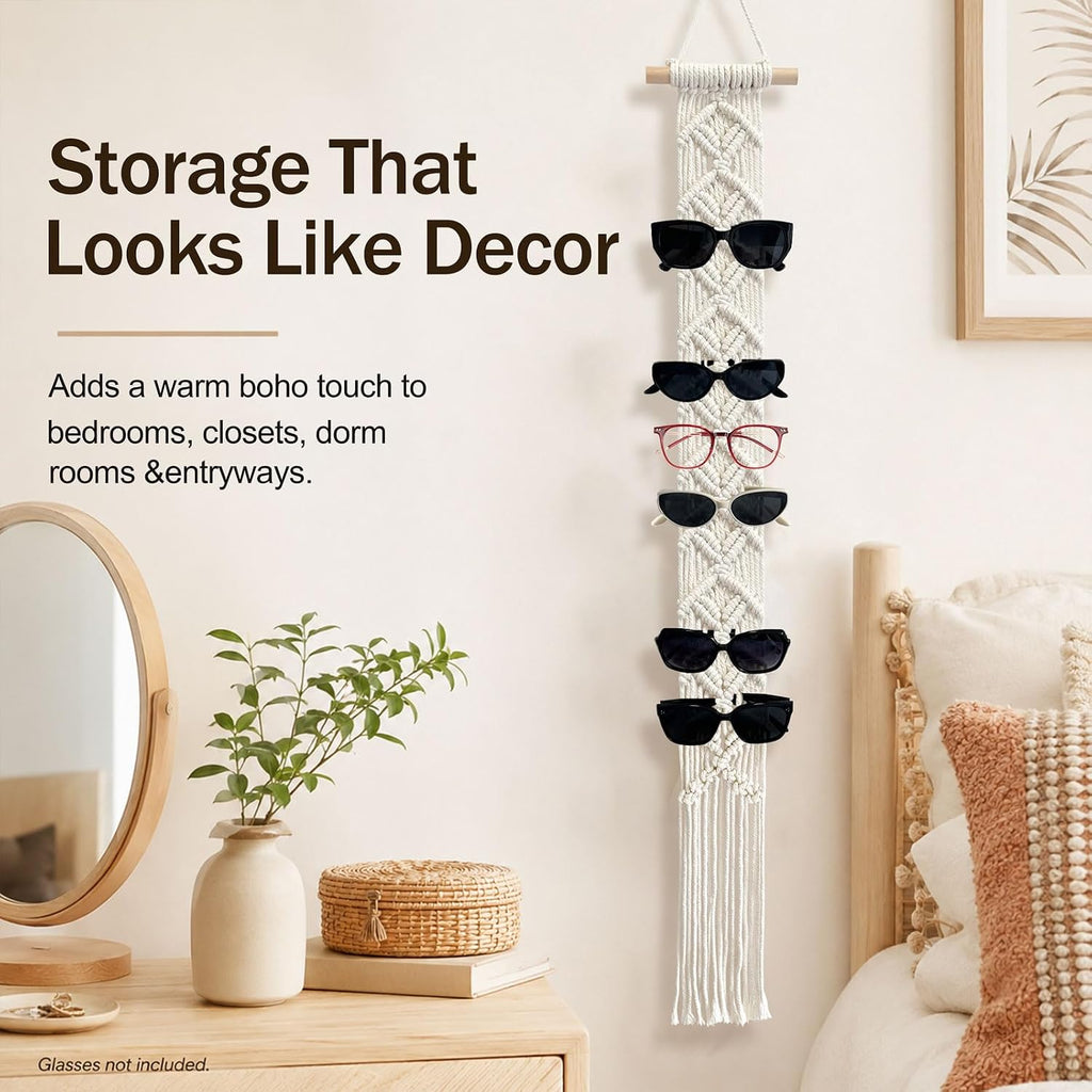 Boho Sunglasses Holder Macrame Wall-Mounted Eyeglasses Organizer Holds 10 Pairs, Handwoven Cotton Rope Glasses Display Rack with Wood Rod, Space-Saving Sunglass Storage for Bedroom Closet Entryway