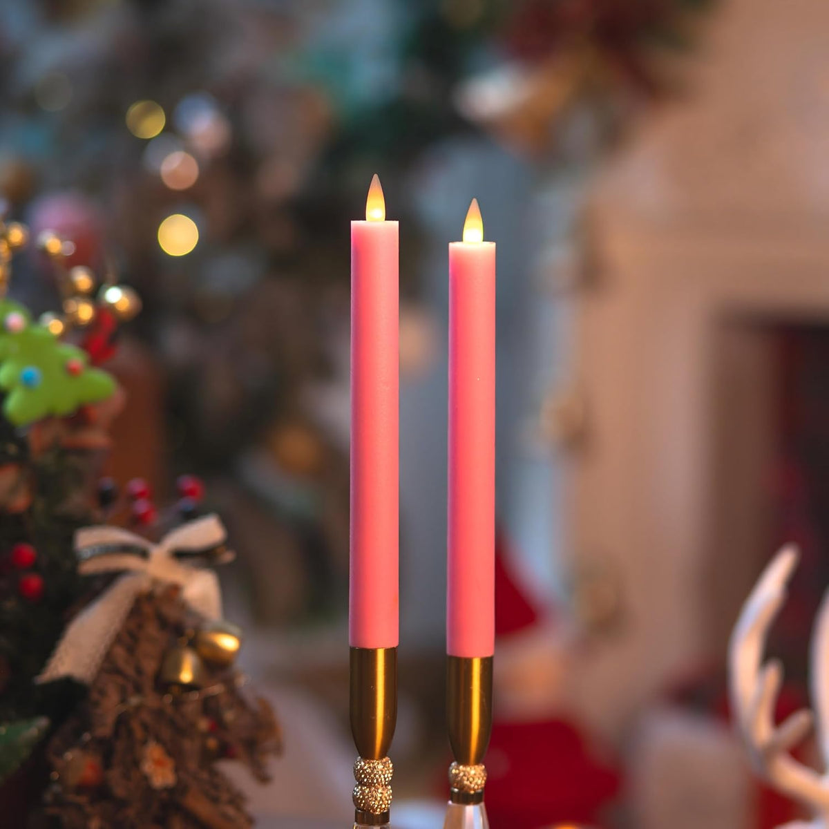 Pink Flameless Taper Candles with Remote & Timer -Leather-Textured Real Wax, 3D Moving Flicker, 400Hr Battery Operated Window Candles (Remote Uses 2 AAA Batteries, Not Included)