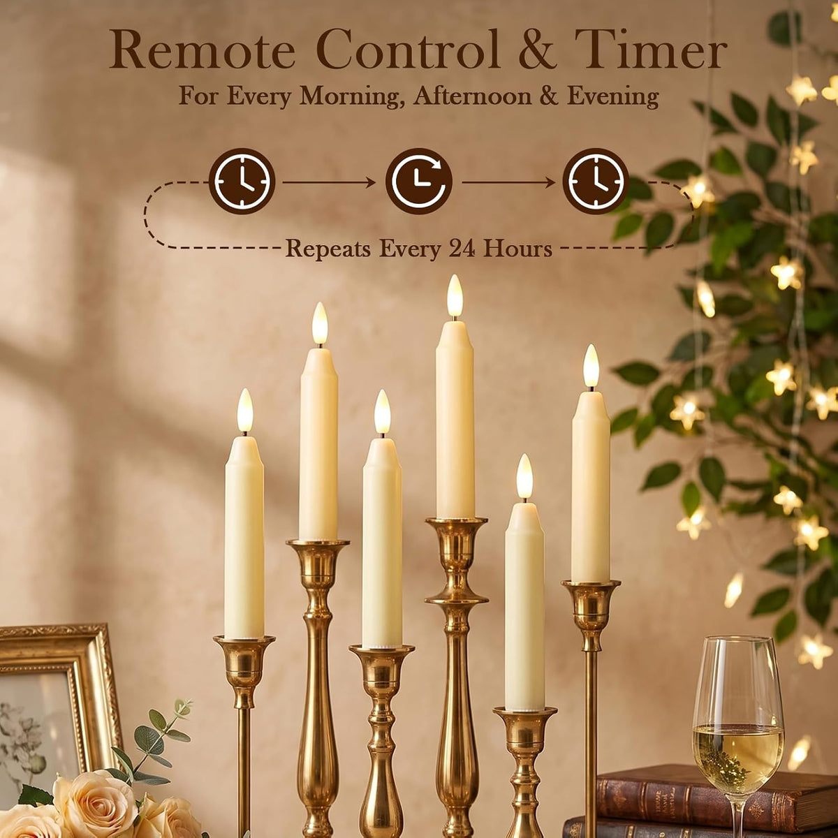 6Inch Flameless Taper Candles with Remote & 6 Batteries, Ivory
