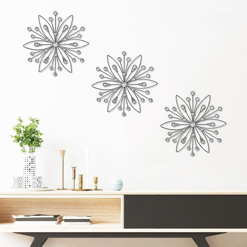 ZEXUIRU 3 Set Snowflake Wall Decor Living Room Bedroom Entryway Metal Bling, Crystal Rhinestone Starburst Sunburst Sparkling Wall Art Decor Silver Metal Christmas Decoration-Black 13in
