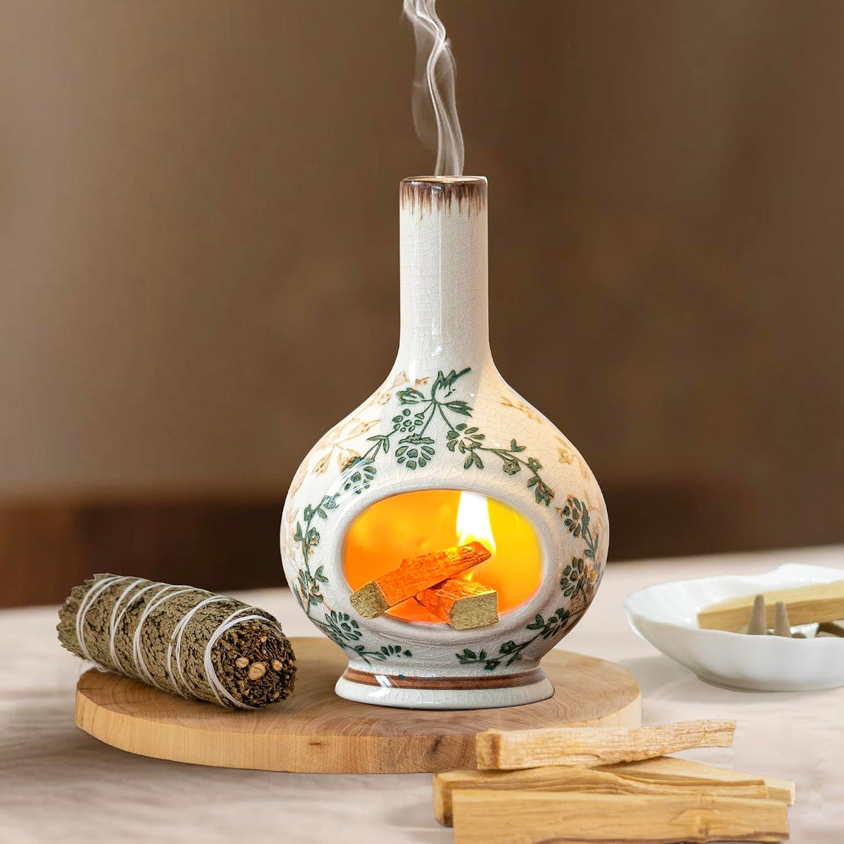 Handmade Ceramic Incense Holder，Stick & Backflow - Sage Holder for Burning ，Meditation Accessories，Easily Grab All Incense Ash (Green and Beige)