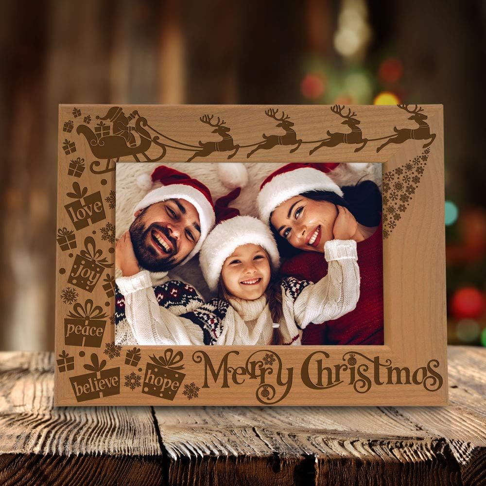 KATE POSH Merry Christmas Love Peace Joy Believe Hope, The Magic of Christmas Family Picture Frame. Santa, Reindeer and Sleigh Decor. Engraved Natural Wood Photo Frame (4x6-Horizontal)
