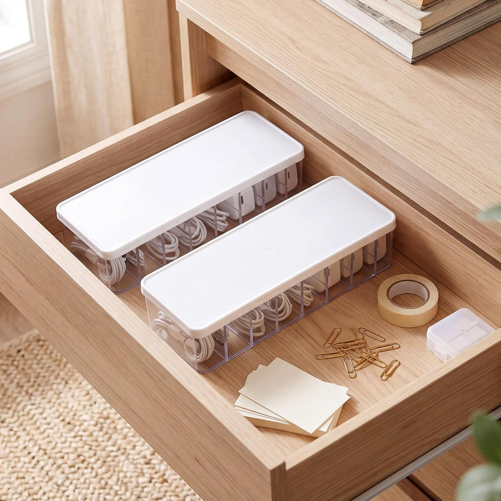 Tatuo Cord Organizer Box with Lid, Clear, White, 2 Pack