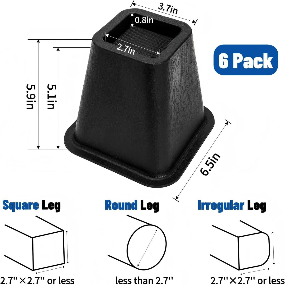 6 Pack Large Bed Furniture Risers, 6 inch Heavy Duty Couch Lift Risers for Sofa, Chair, Cabinet, Desk, High, Durable ABS Plastic, Premium Quality, Supports up to 2200 lbs, Black
