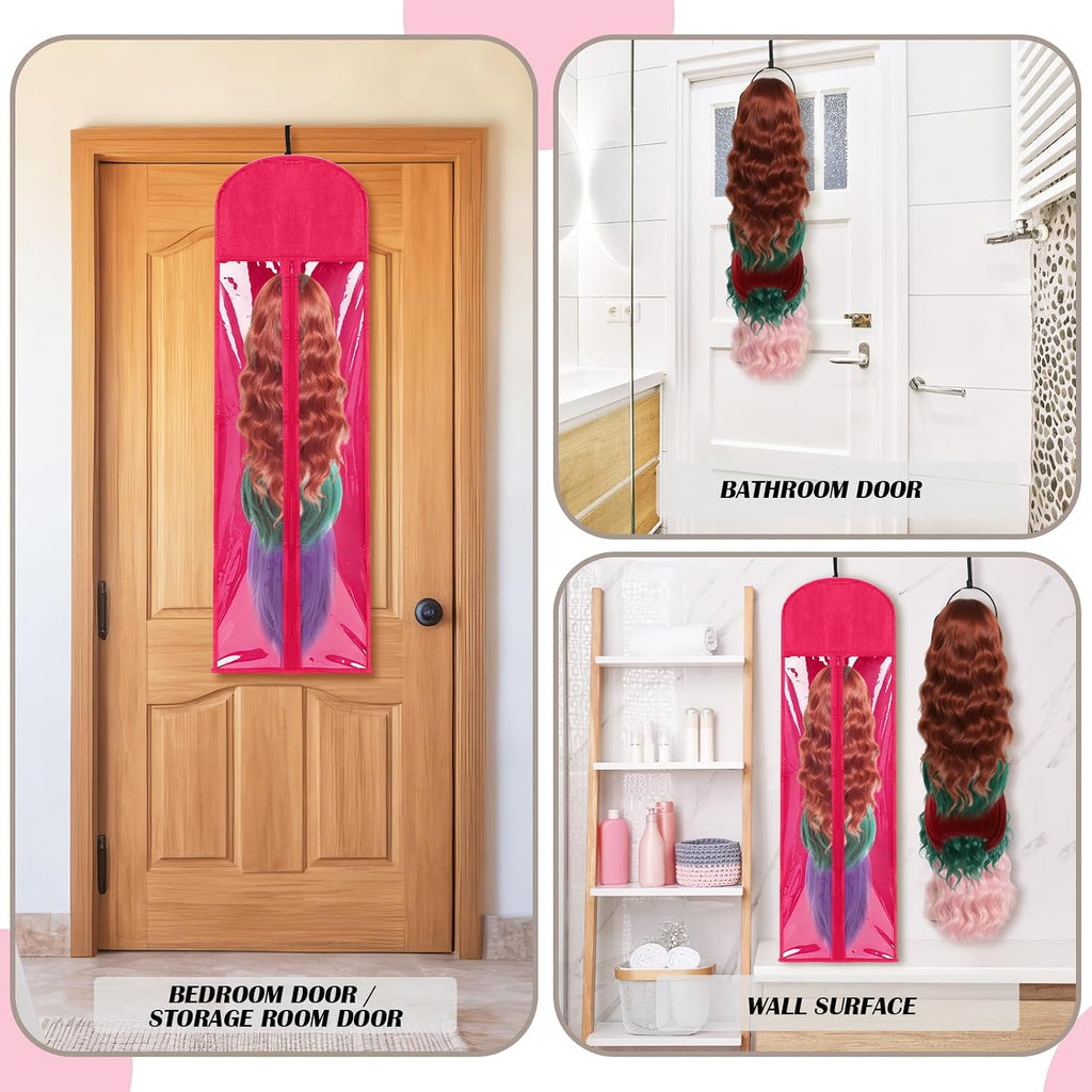 10 Pcs Wig Hangers Rack for Multiple Wigs, Dust-proof Storage Bag, Hot Pink