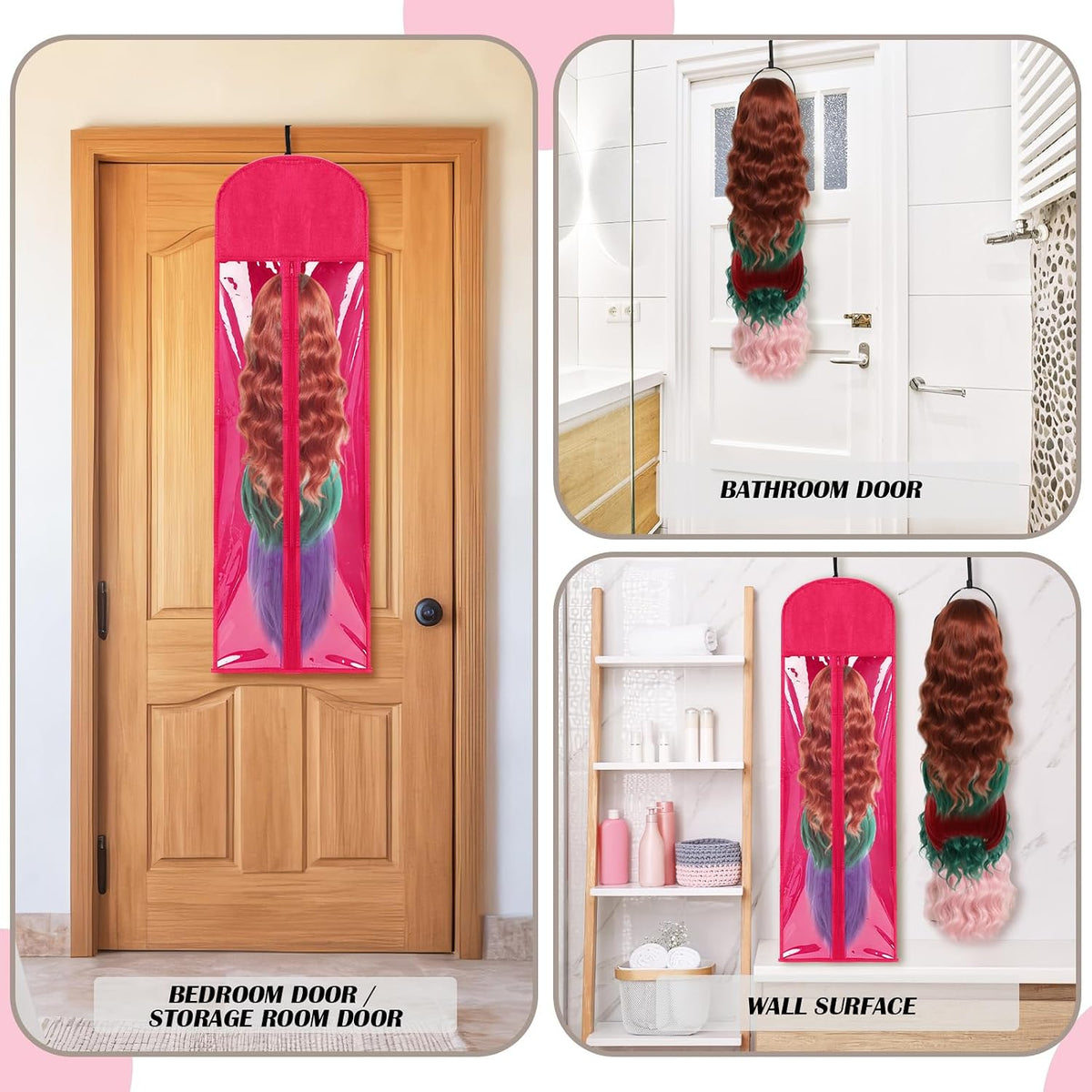 10 Pcs Wig Hangers Rack for Multiple Wigs, Dust-proof Storage Bag, Hot Pink