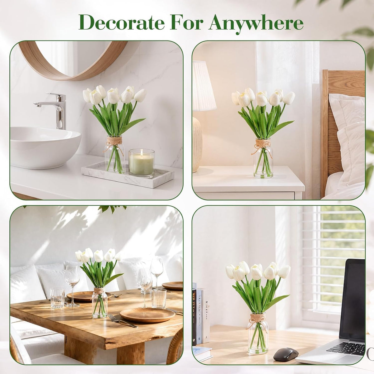 8Pcs White Tulips Artificial Flowers in Vase with Faux Water, Faux Tulips for Kitchen, Bathroom,Table, Desk, Centerpieces, Fake Flowers for Farmhouse Wedding Wall Room Decor（1 Pack）