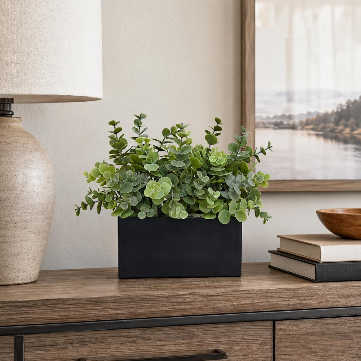 365 Blooming Decor Fake Eucalyptus Plants in Black Planter Box - Luxury Potted Artificial Eucalyptus Greenery with Real Pebbles for Farmhouse Bathroom, Shelf, Windowsill Décor//No Assembly Required//