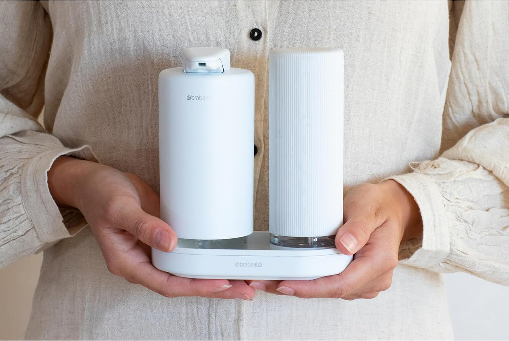 Brabantia - SinkStyle Soap Dispenser Set with 2 Stylish Dispensers for Hand and Dish Soap, Textured Tray, and Soap Squeezer – Mineral Fresh White, 2 x 6.8oz