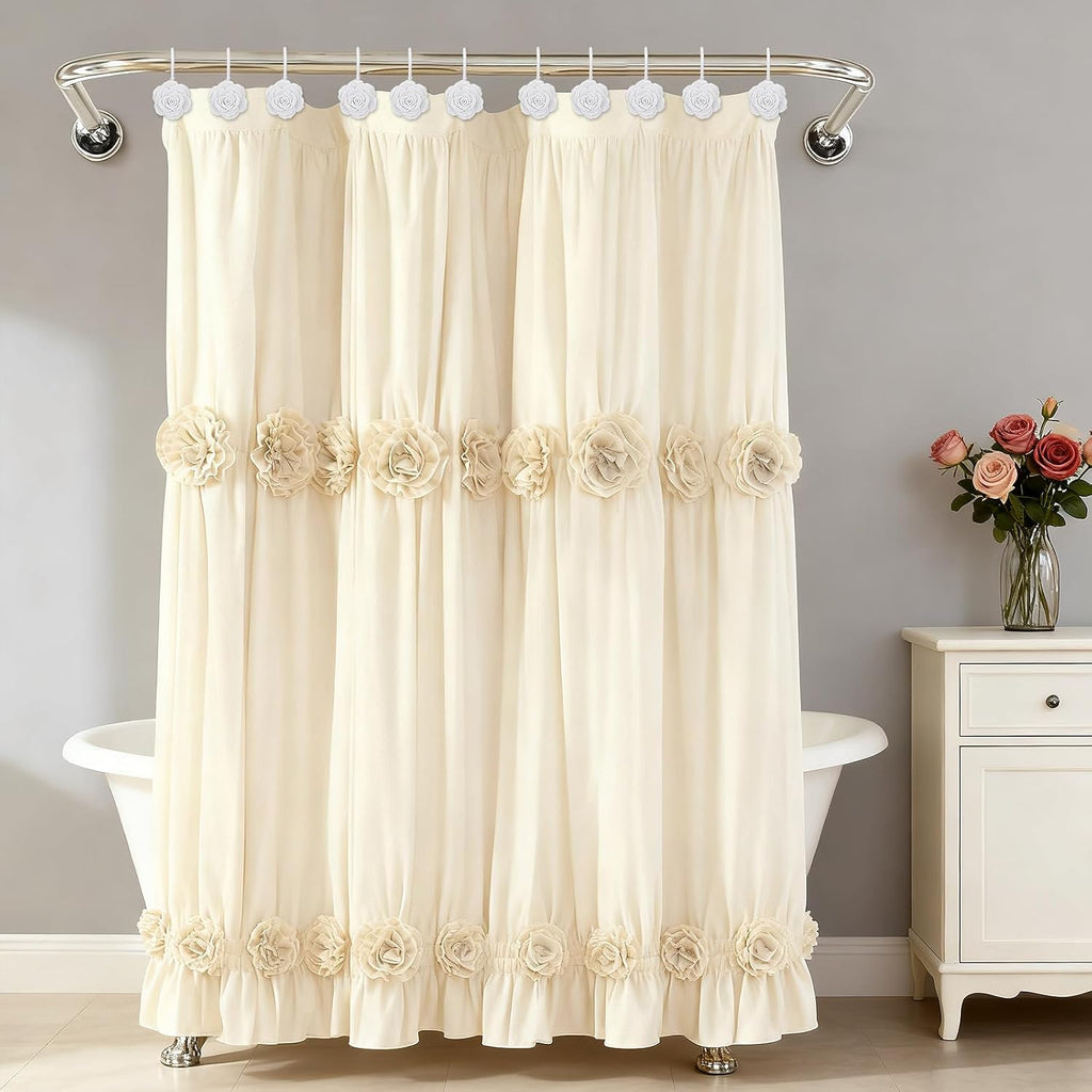 Metal Rose Shower Curtain Hooks, Rust-Resistant Hooks for Shower Curtain Rods, Set of 12, Beautiful Floral Rose Design Bathroom Decoration Hooks (White)