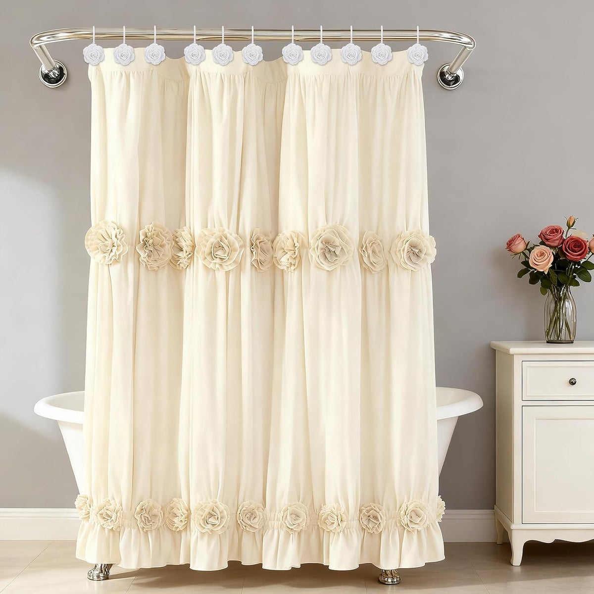Metal Rose Shower Curtain Hooks, Rust-Resistant Hooks for Shower Curtain Rods, Set of 12, Beautiful Floral Rose Design Bathroom Decoration Hooks (White)