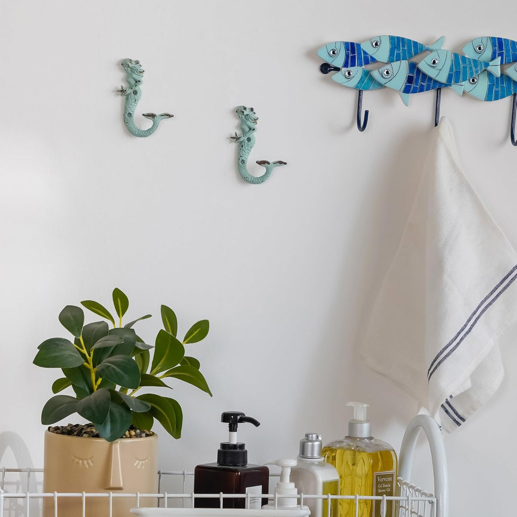 SOFFEE DESIGN 2PCS Green Mermaid Side Profile Hooks, Beach Themed Towel Hangers for Bathroom Room Decor