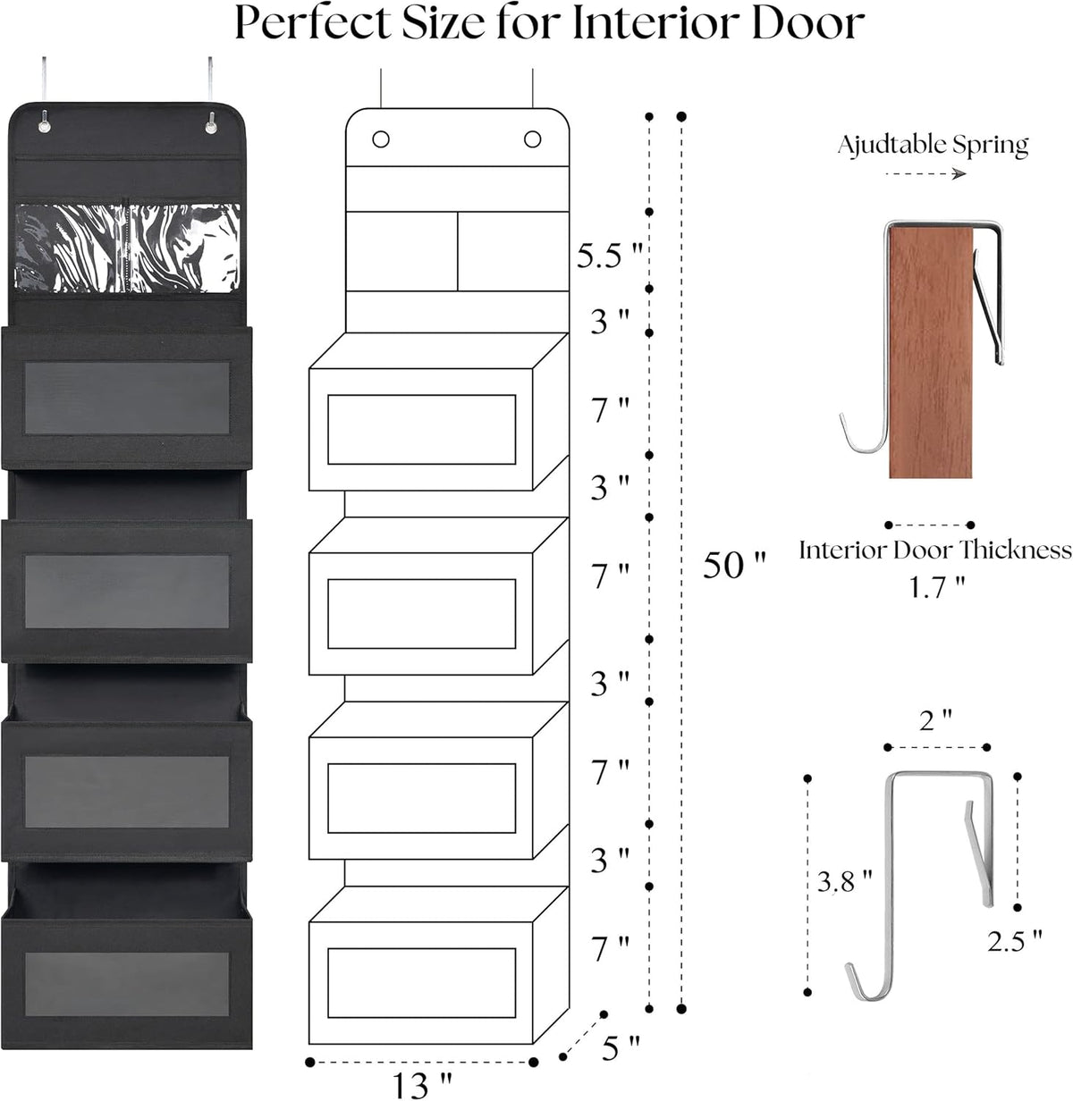 GCreation Over Door Organizer for Bedroom Bathroom Pantry, 5 Shelf Black