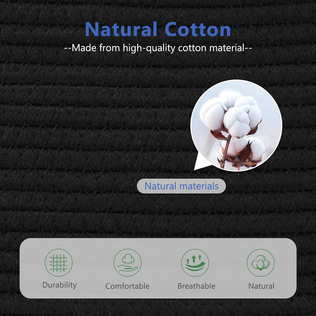 ECDYQXVU 15x10x9 Black Woven Cotton Rope Storage Basket Handles 1 Pack