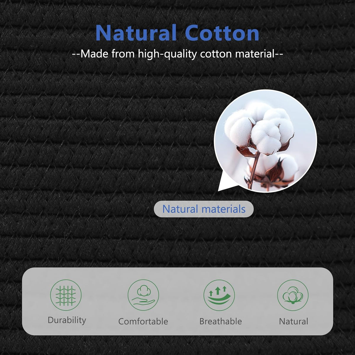 ECDYQXVU 15x10x9 Black Woven Cotton Rope Storage Basket Handles 1 Pack