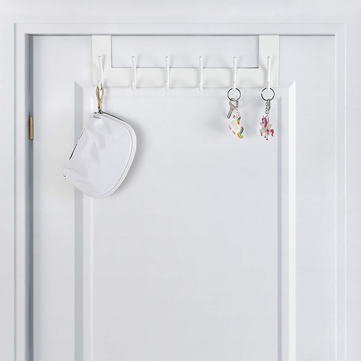 SKOLOO Over The Door Hook - 6 Hooks, No Assembly Required, Stainless Steel Door Hooks, Over Door Coat Rack for Hanging Coats Clothes Hats Robes, White