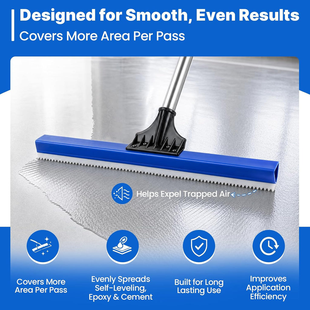 16" Notched Epoxy Floor Squeegee with 62" Long Handle for Coatings, Sealers