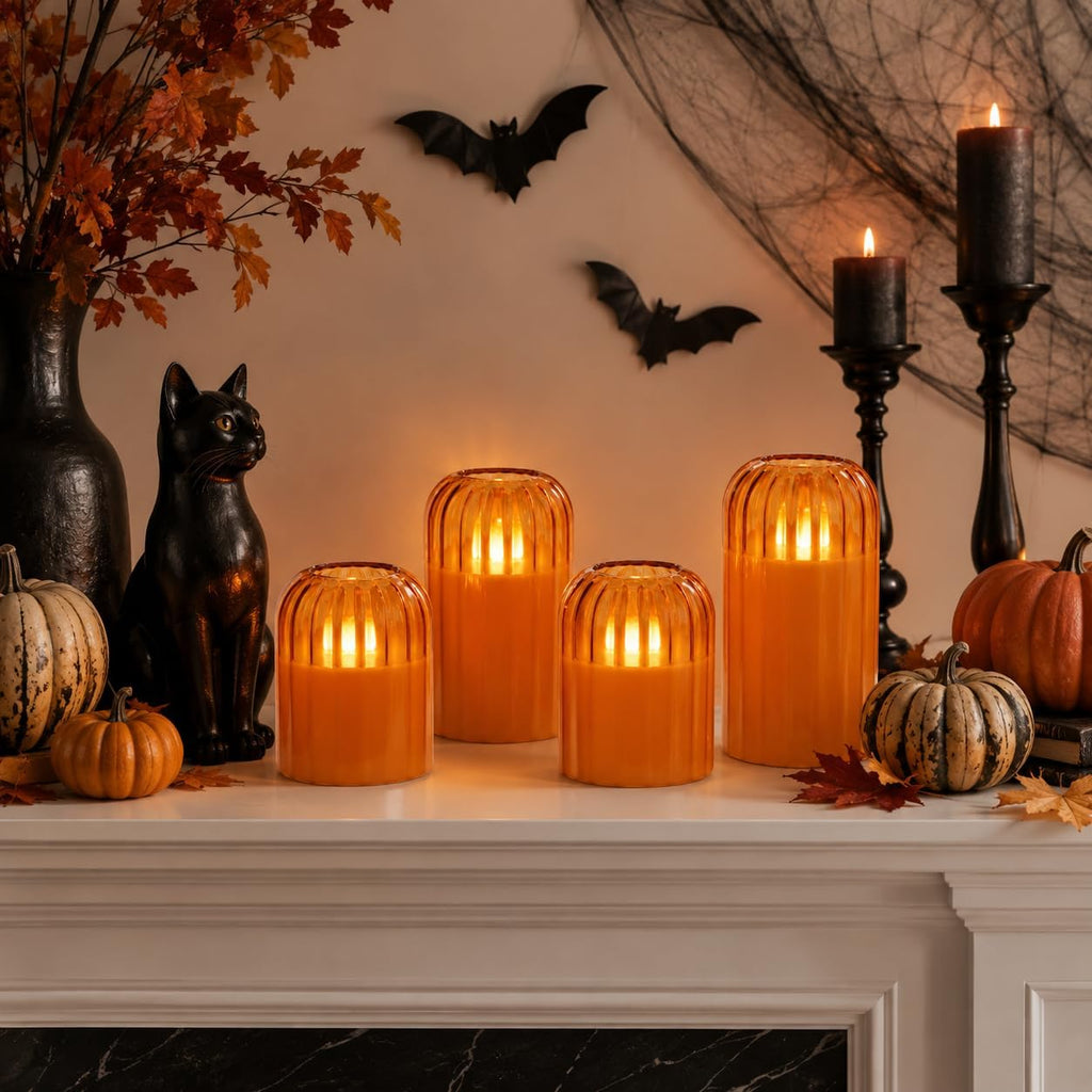Fall Decorations for Home, Orange Glass Flameless Candles with Remote & Timer, Set of 4 Real Wax LED Pillar Candles with Dancing Flickering Flame, 3" x 4"/5", Halloween Thanksgiving Christmas Decor