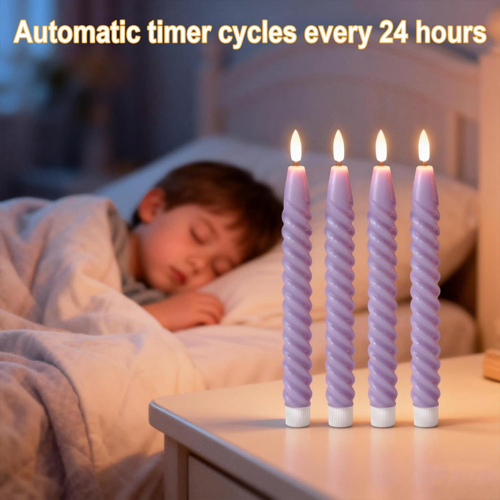 Purple Flameless Taper Candles Flickering with Remote Timer