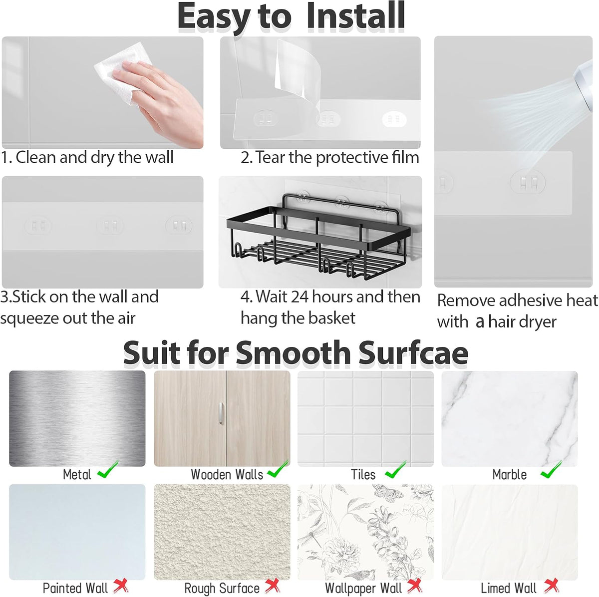 Liuoud Shower Caddy 5 Pack XL-Size Adhesive Stainless Steel Organizer