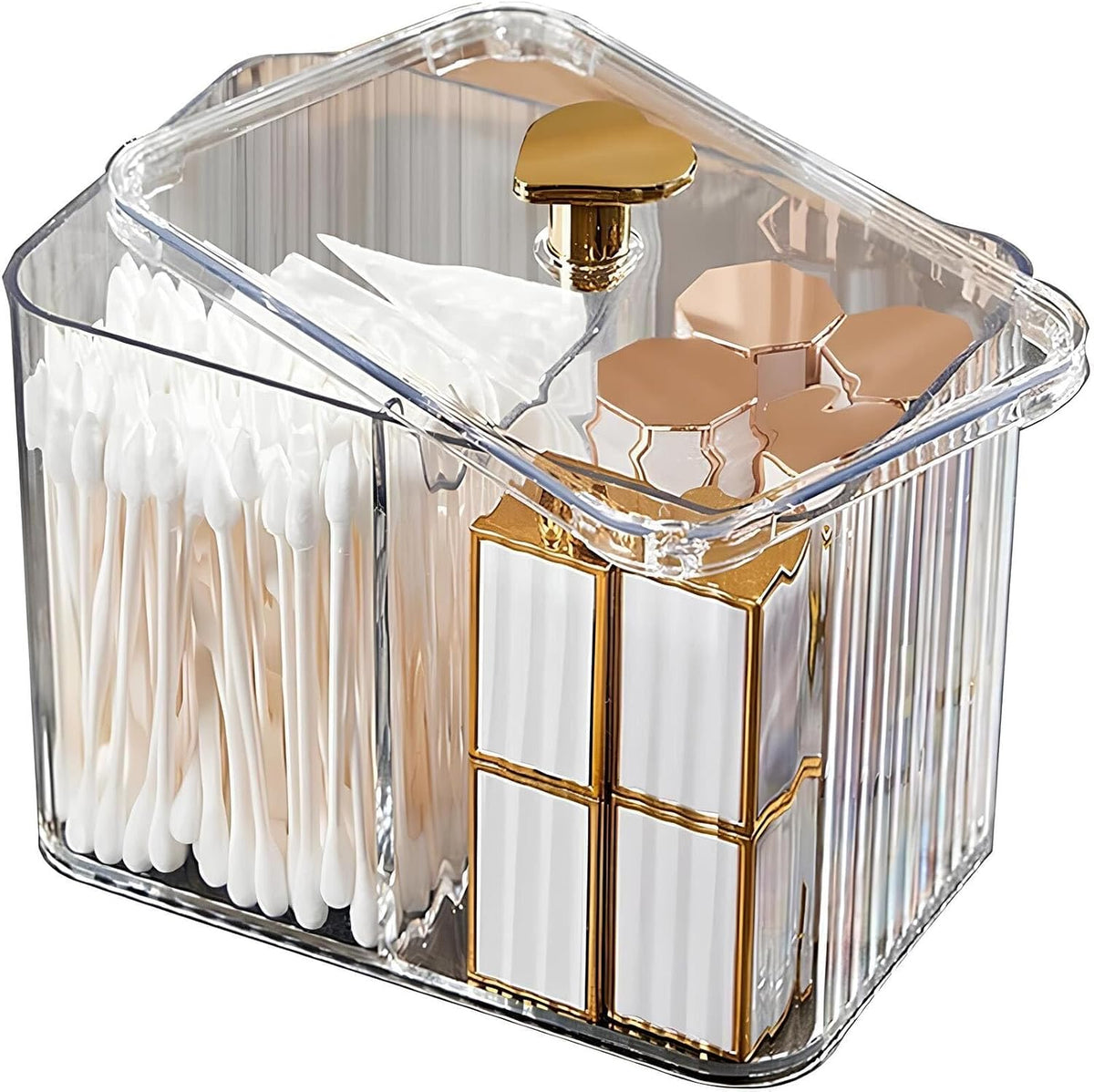 1 Pack 3-Section Clear Qtip Holder with Dustproof Lid, Bathroom Cotton Ball and Qtip Organizer, Cotton Swab Container for Vanity Canisters Jars for Countertop Storage and Organization (Clear-White)