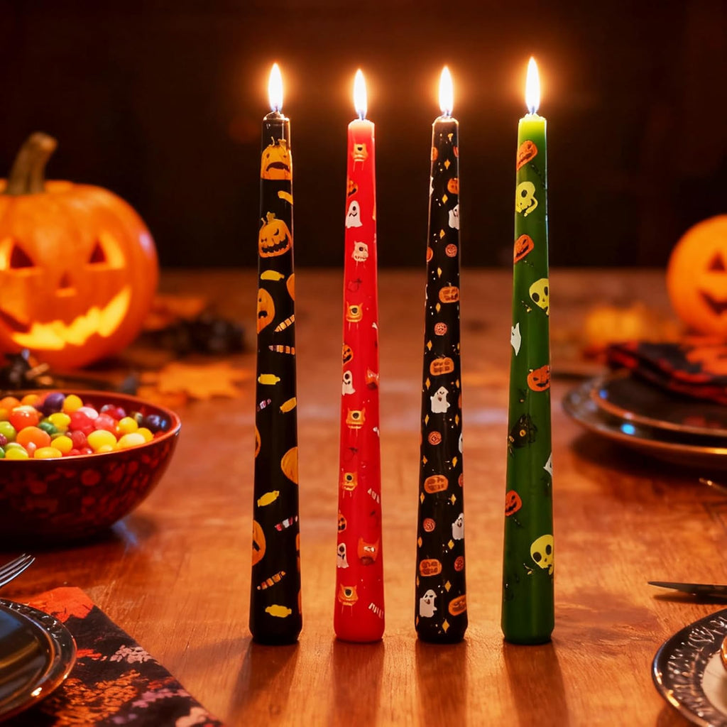 10-Inch Halloween Taper Candle Set of 4,Pumpkin Skeleton & Bat Prints, Spider Web Spooky Dinner Candles, Gift for Festive Halloween Day Decoration