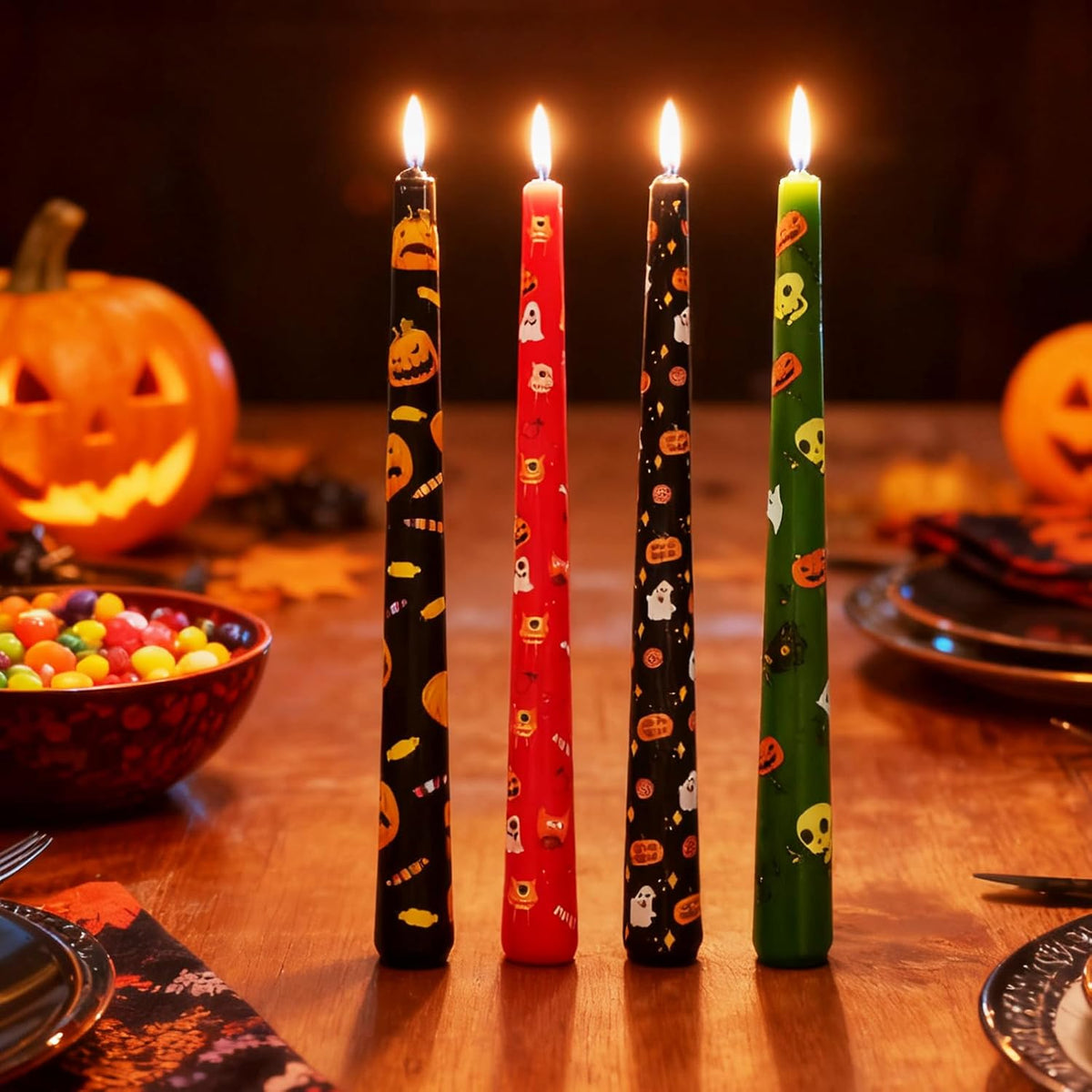 10-Inch Halloween Taper Candle Set of 4,Pumpkin Skeleton & Bat Prints, Spider Web Spooky Dinner Candles, Gift for Festive Halloween Day Decoration