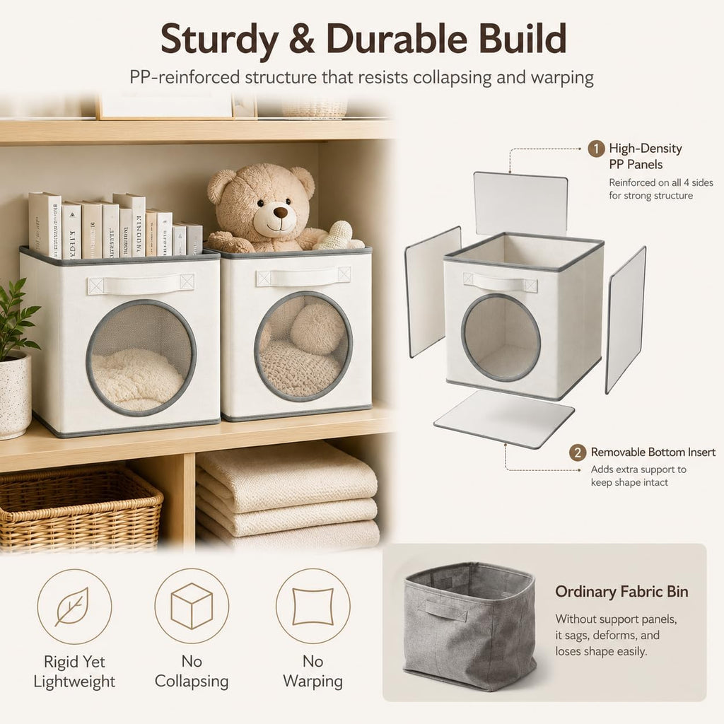 Fabric Storage Cubes with Mesh Window, 11'' Cube Storage Bin, Ivory, 4 Pack